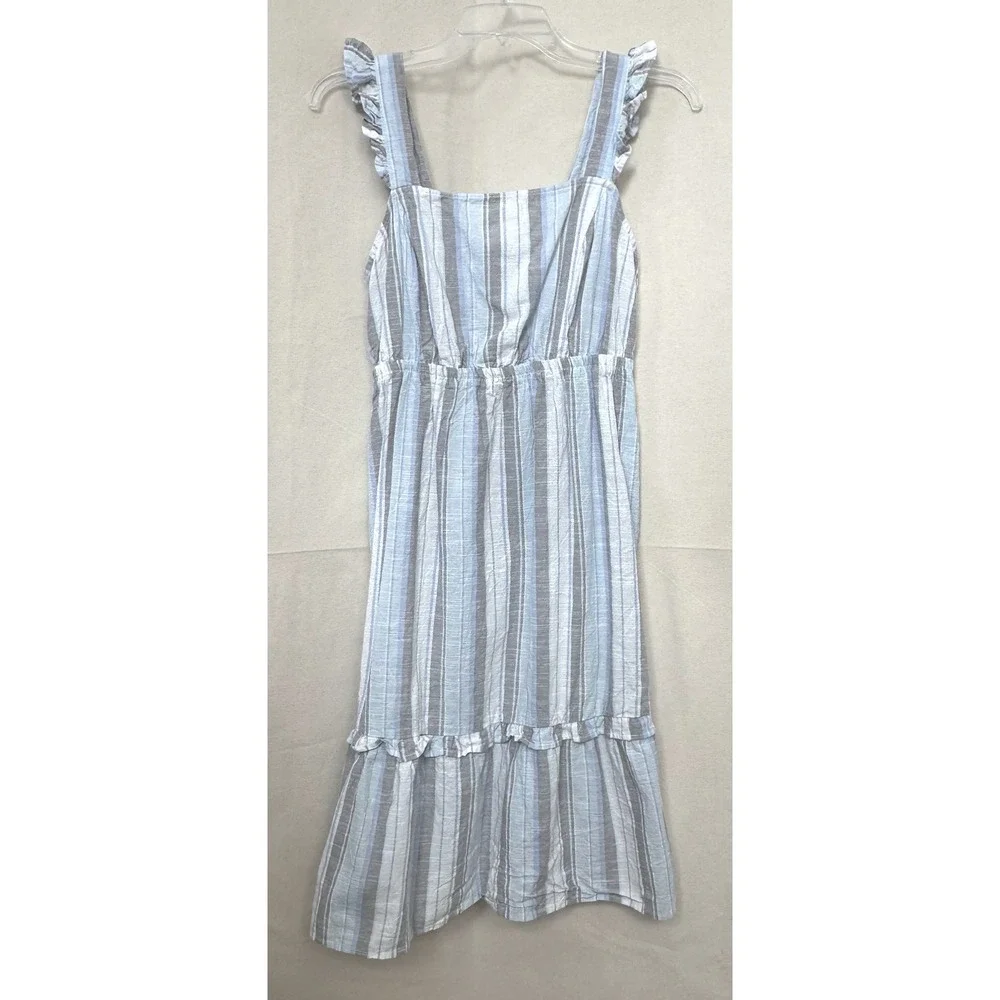 Madison Grey Coastal Cottage Blue Striped Cotton Ruffles Smocked Midi Dress Sz S - Picture 2 of 10